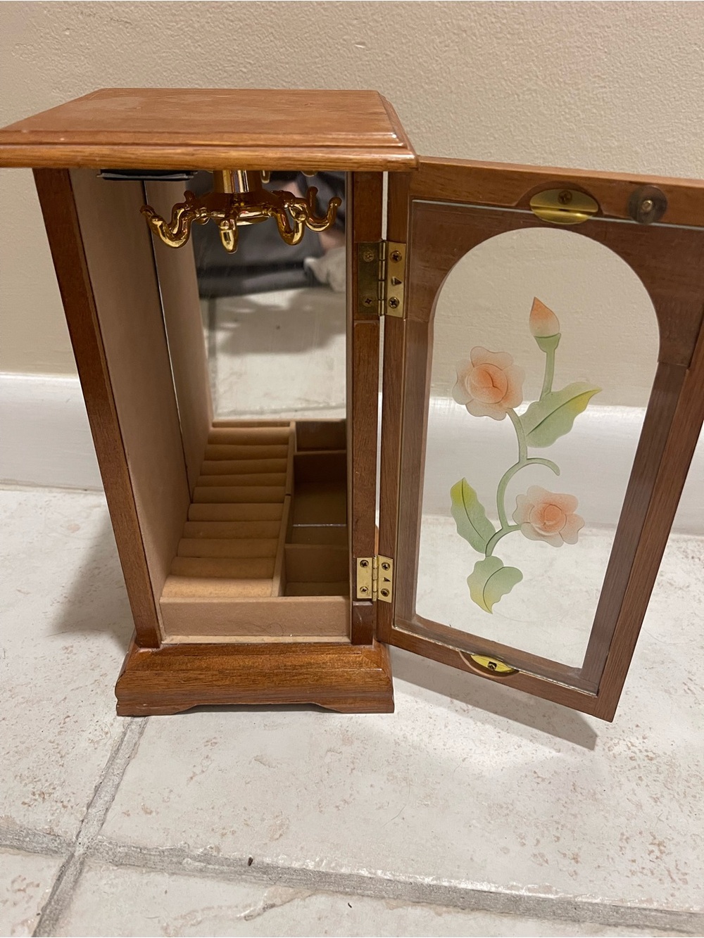 VTG Wooden Jewelry Cabinet Necklace Ring Glass Mirror Floral Rotating Carousel